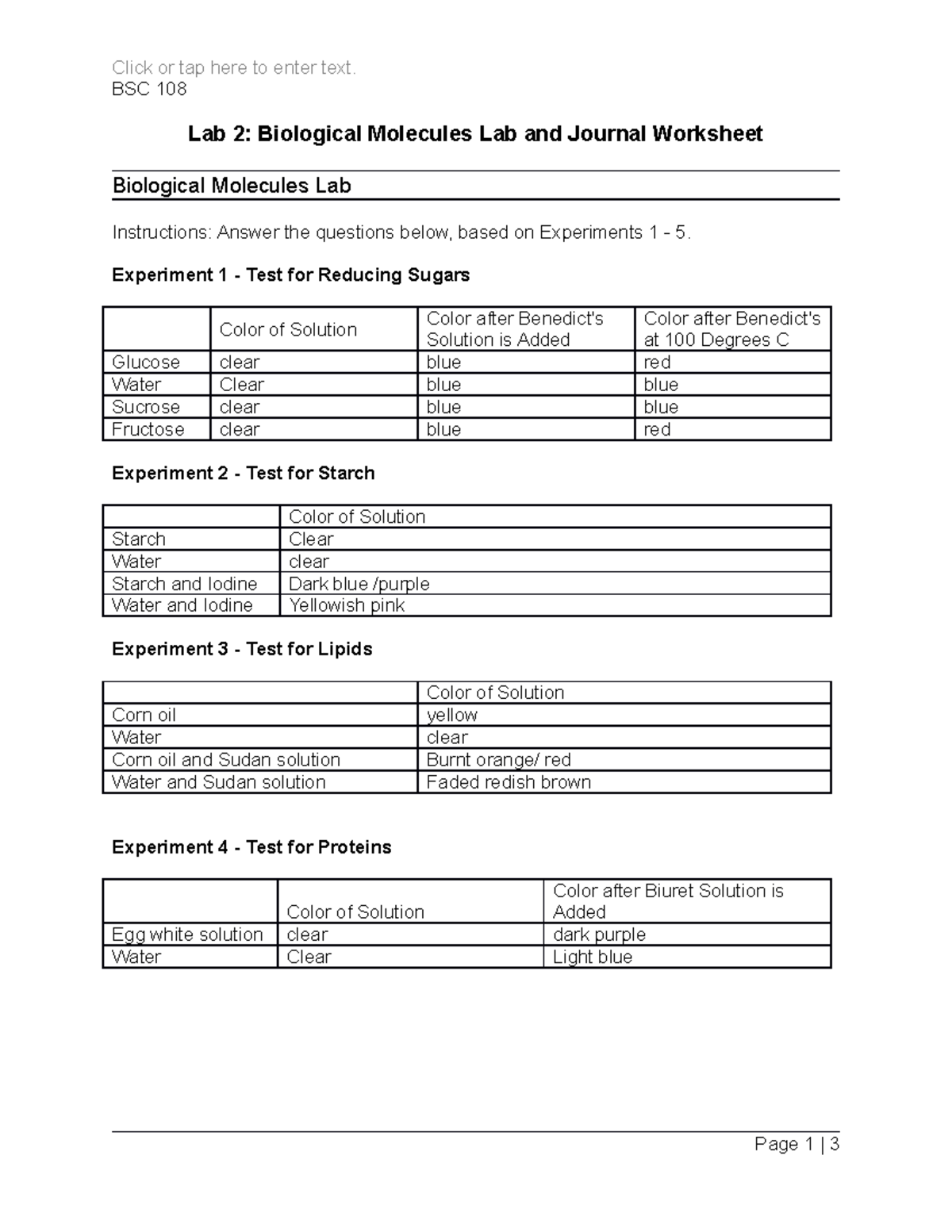 BSC 108 Lab 2 - Biological Molecules Lab And Journal Worksheet - Click ...