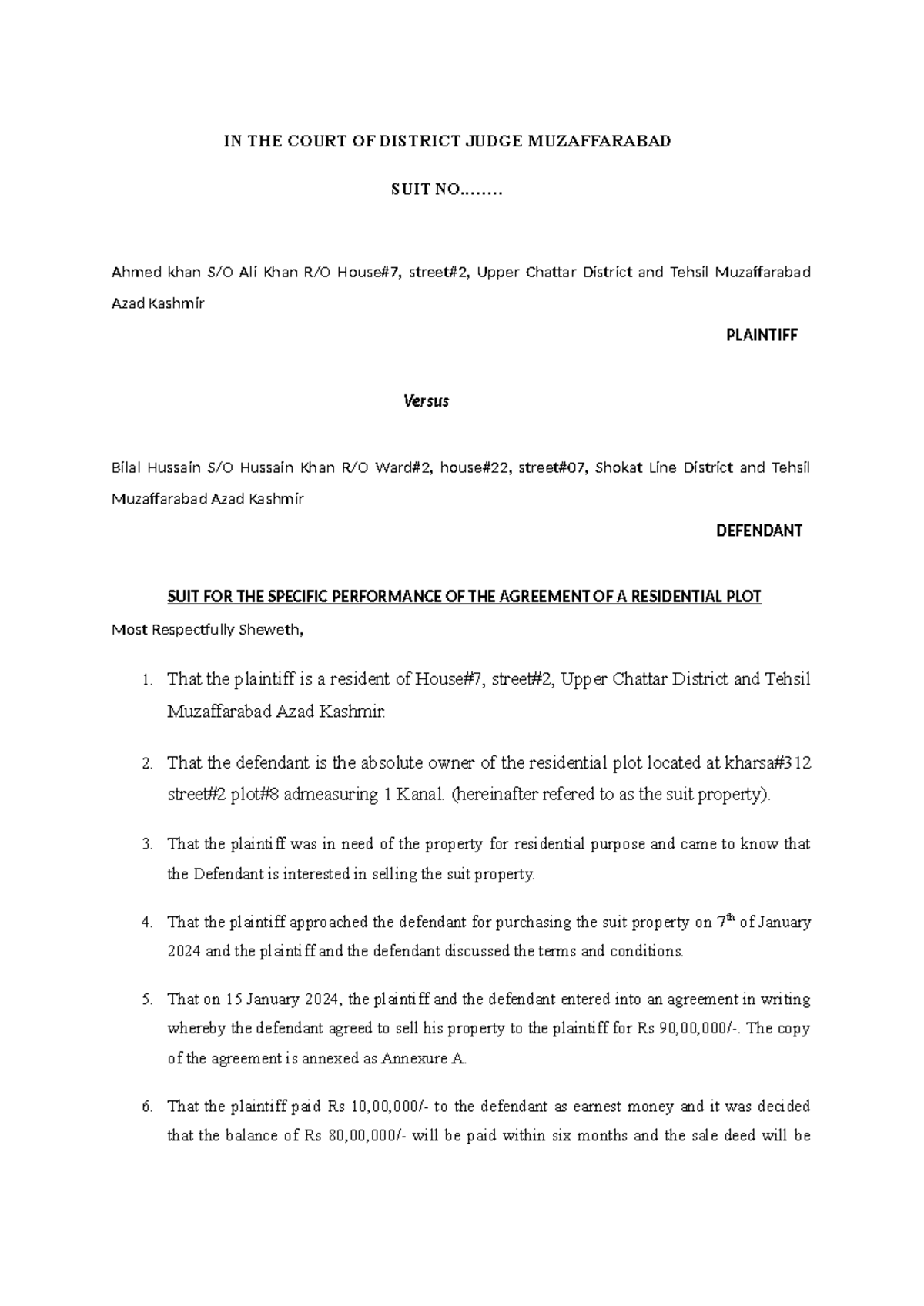 Sample plaint civil matter - IN THE COURT OF DISTRICT JUDGE ...