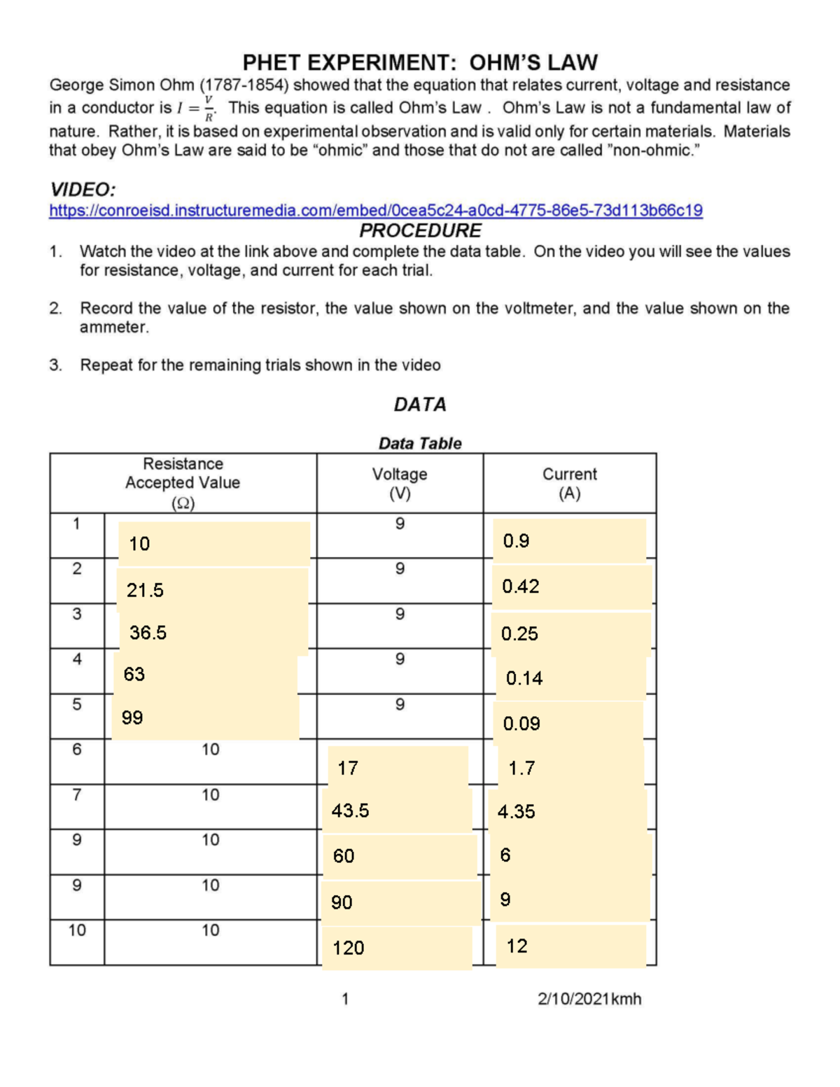 Copy Of Ohm's Law Lab - 10 0. - 21 0. - 36 0. 63 0. 99 0. - 17 1. - 43 ...