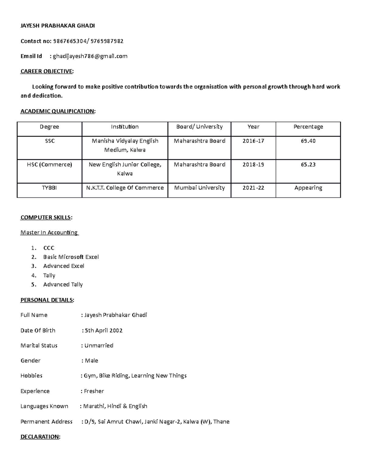 Resume Jayesh Resume CV - Web Designing and programming - MU - Studocu