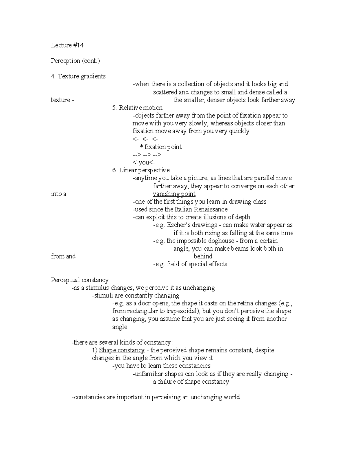 Lecture 14 - Tagged - Lecture # Perception (cont.) 4. Texture gradients ...