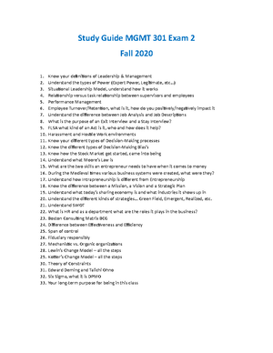 MGMT 301 Exam 1 Study Guide - answer docx - MGMT 301 Exam 1 Study Guide ...