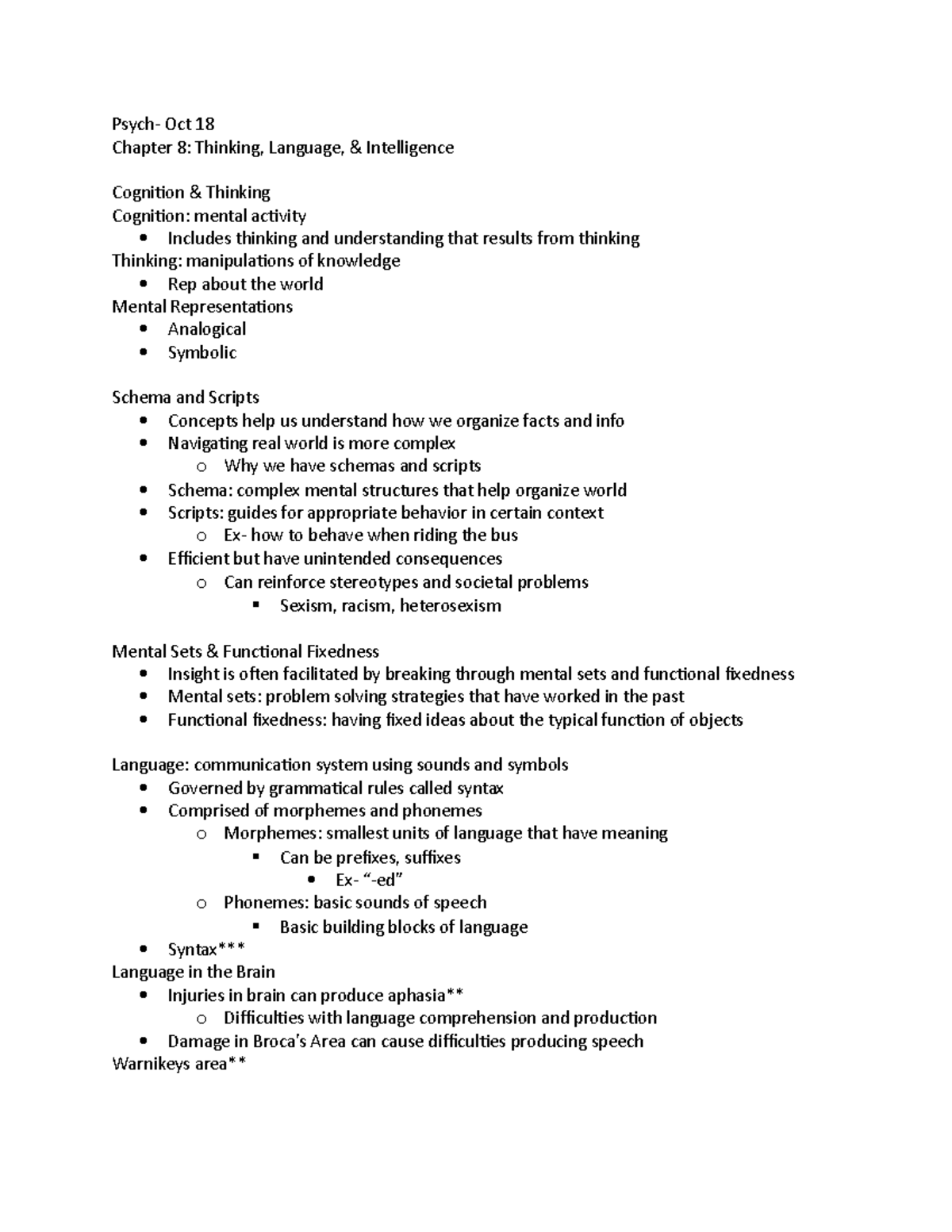Psych- Chapter 8 - Lecture notes 8 - Psych- Oct 18 Chapter 8: Thinking ...