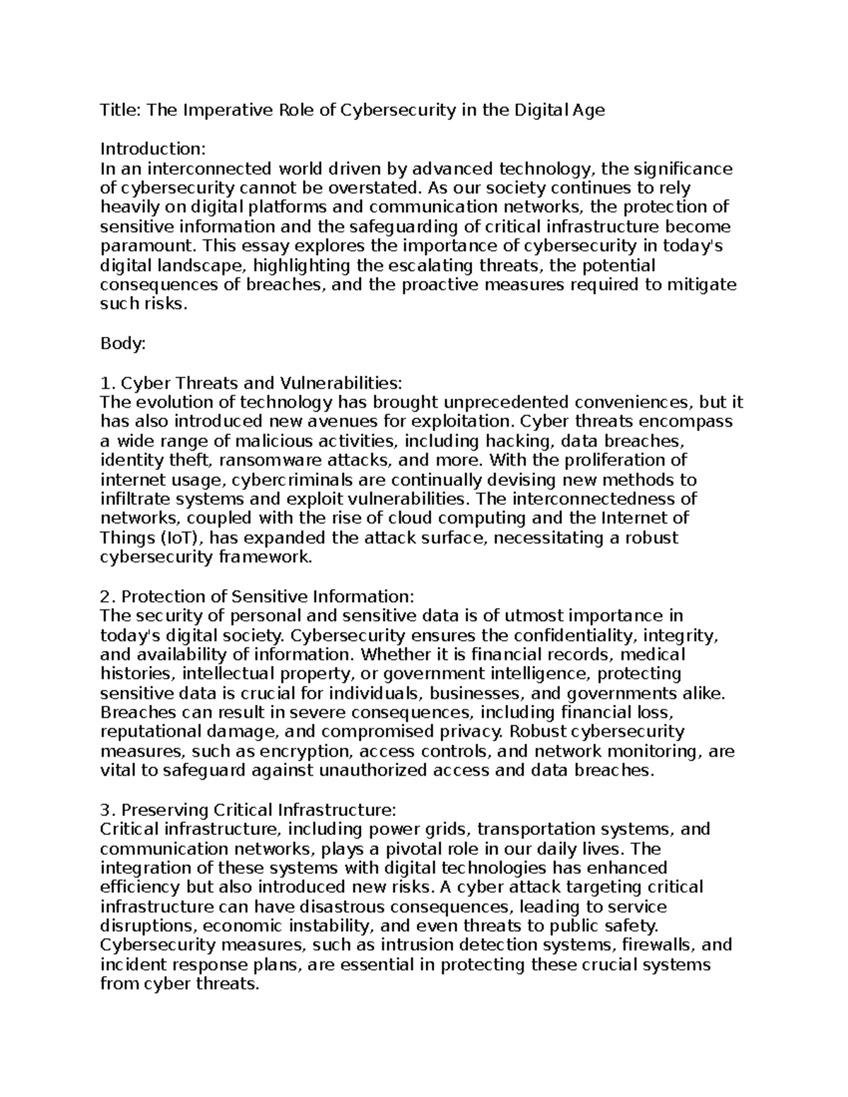 Title: The Imperative Role of Cybersecurity in the Digital Age - C844 ...