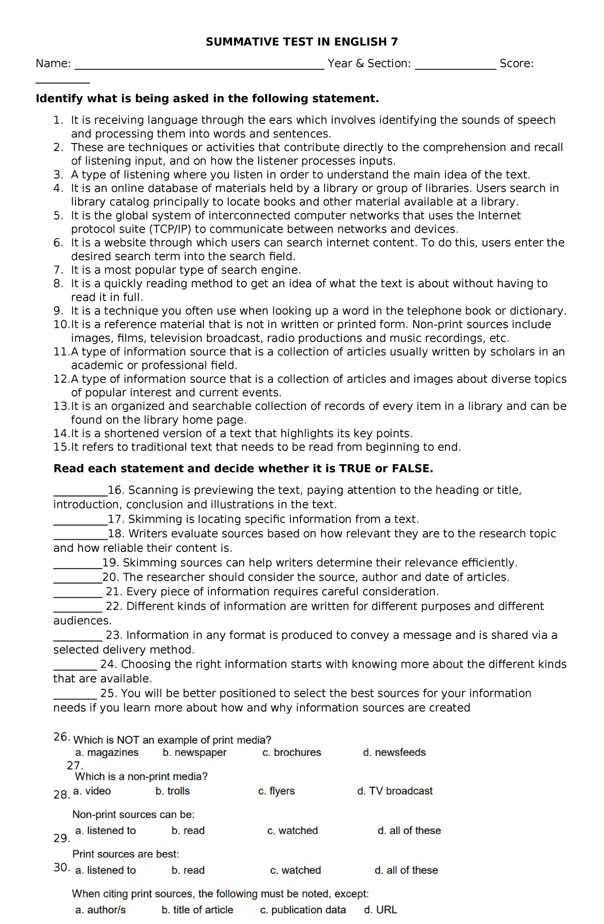 Summative TEST IN English 7 - SUMMATIVE TEST IN ENGLISH 7 Name: - Studocu