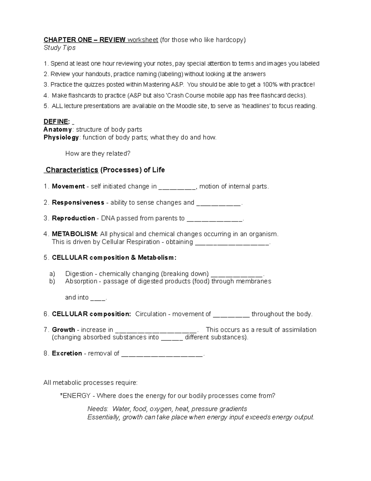 Anatomy Chapter 1 Handout and Review material CHAPTER ONE REVIEW