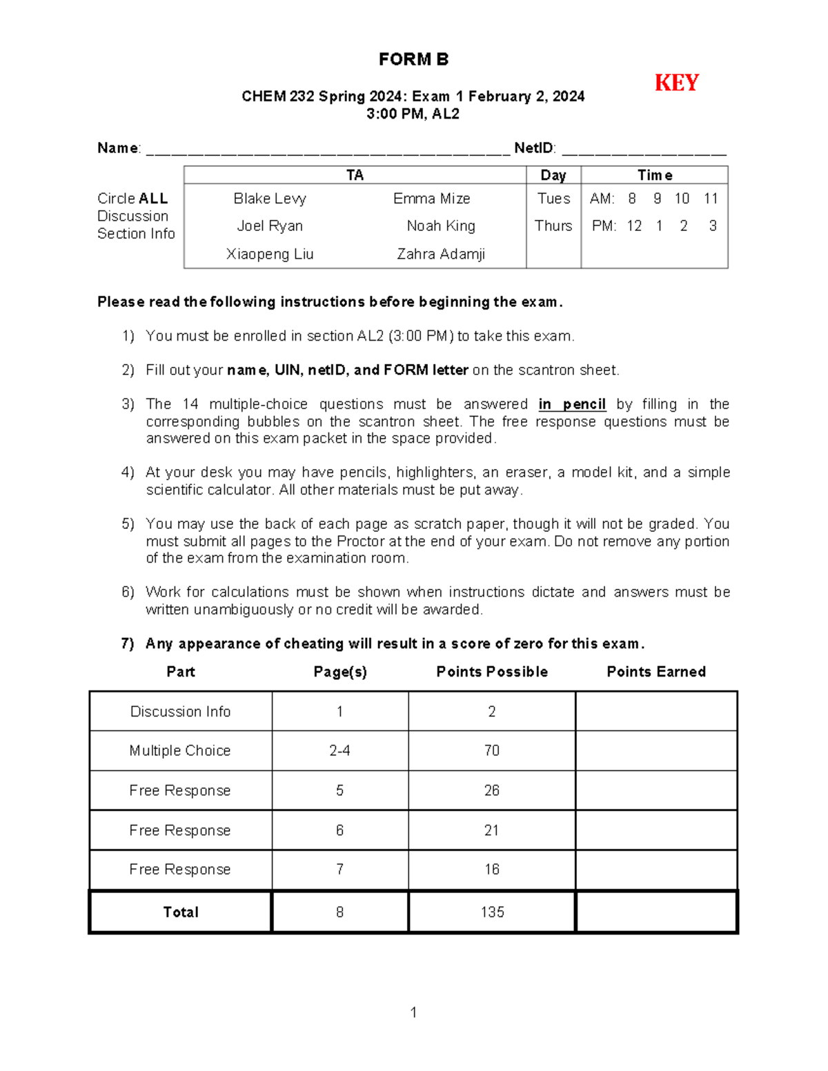 Exam 1 S2024 Form B KEY - Exam 1 Spring 2024 Form B KEY - FORM B CHEM ...