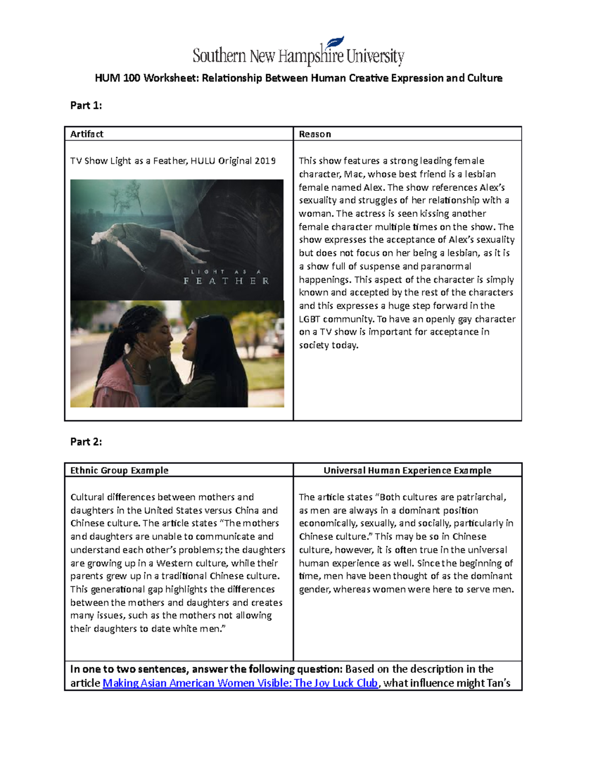 HUM 100 Worksheet Relationship Between Human Creative Expression and ...