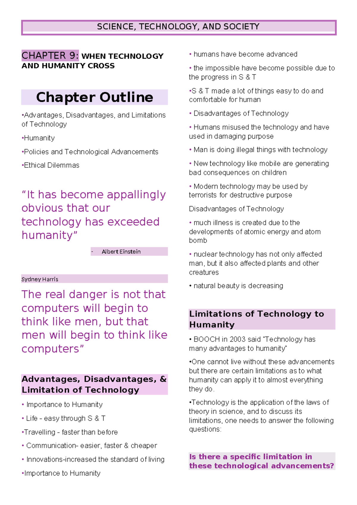 CHAP 9 STS Notes - SCIENCE, TECHNOLOGY, AND SOCIETY CHAPTER 9: WHEN ...