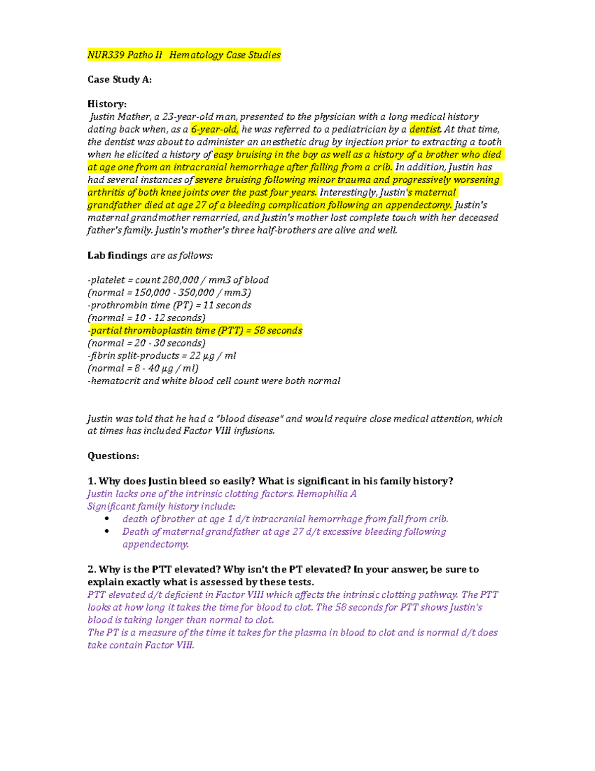 NUR339Hematology Case Studies S20 - NUR339 Patho II Hematology Case ...