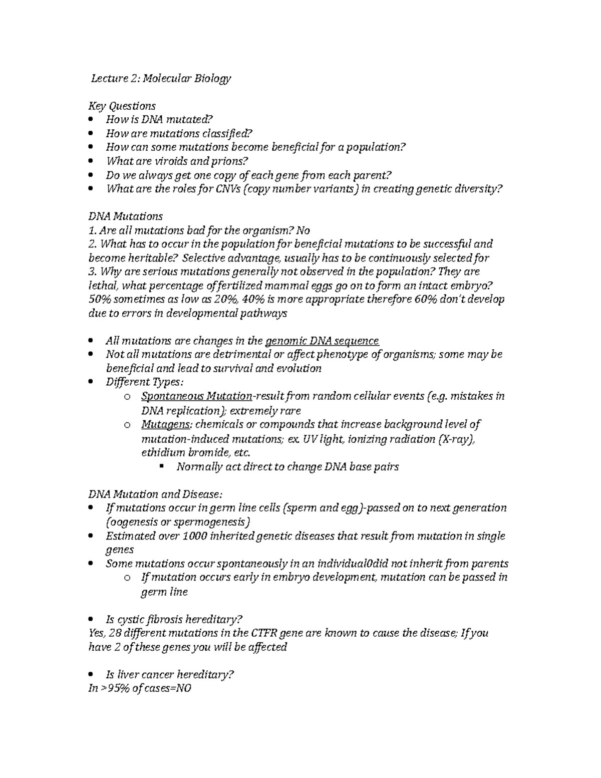 Lecture 2 Moleular Biology - Lecture 2: Molecular Biology Key Questions ...