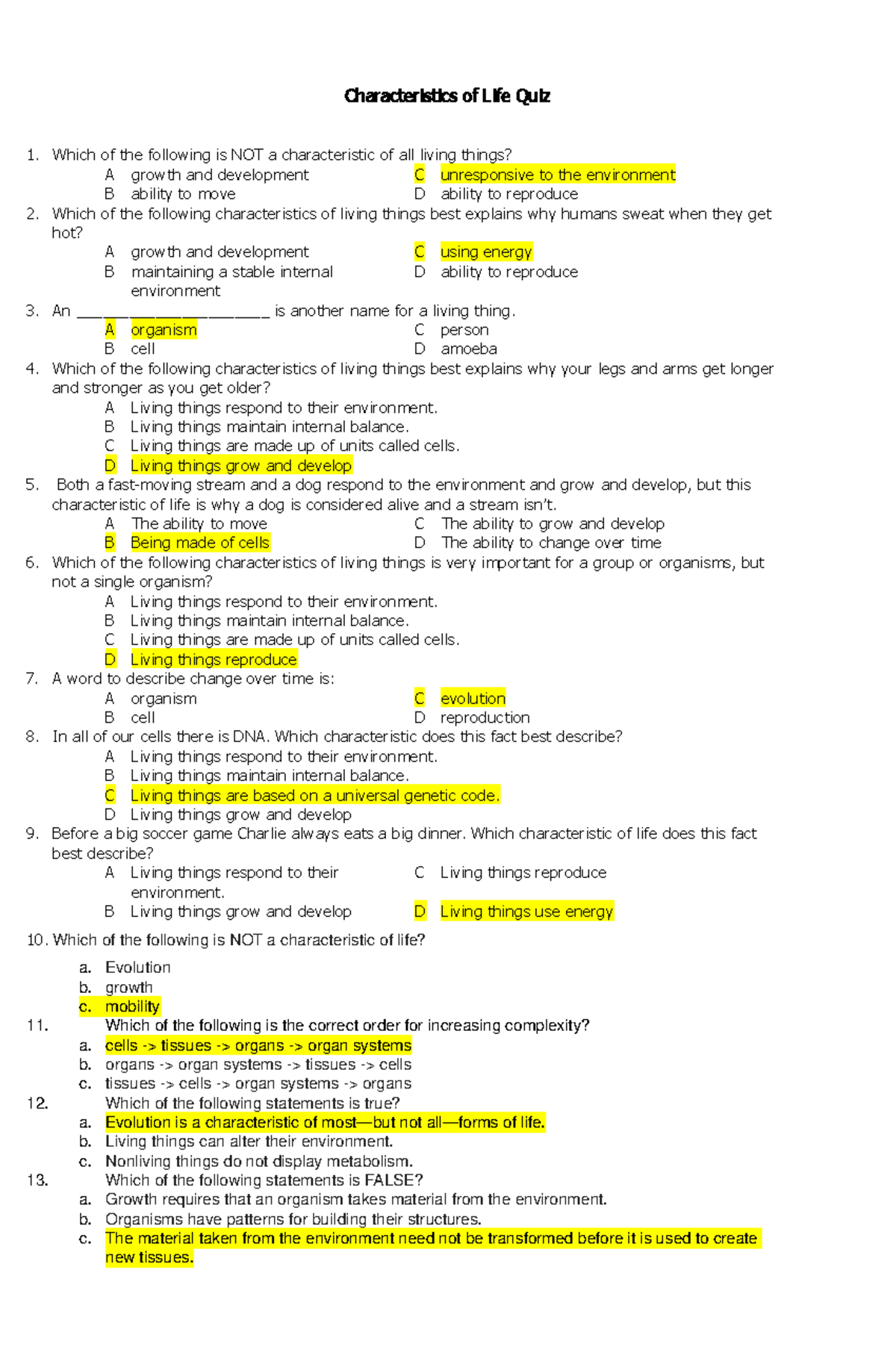 Biology Questionaire Characteristics Of Life Quiz Which Of The 