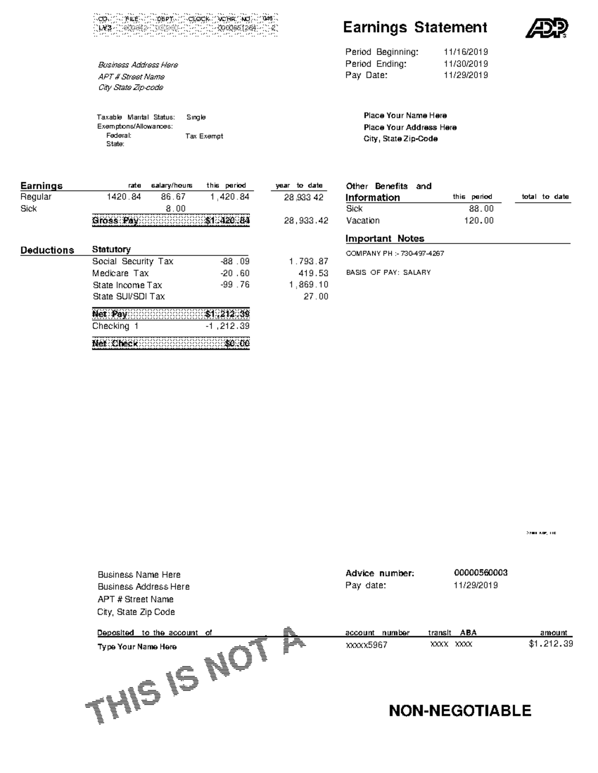 Adppaystubcopygenerator - NON-NEGOTIABLE Deposited to the account of ...