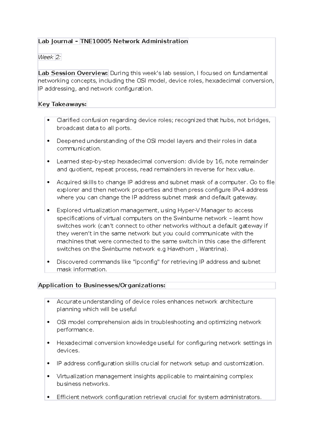LabJournal(week 1 4) Lab Journal TNE10005 Network Administration