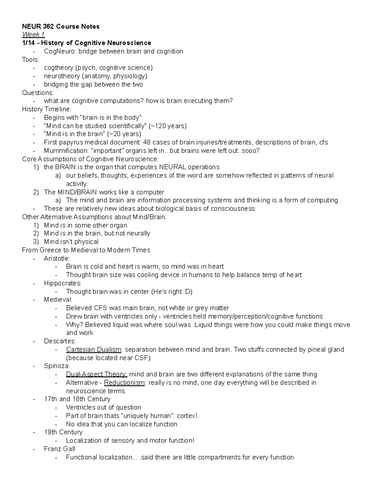 NEUR 362 Course Notes - NEUR 362 Course Notes Week 1 1/14 - History of ...