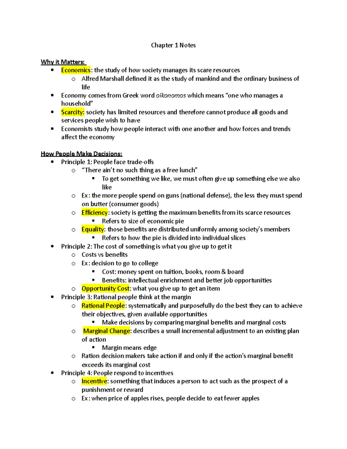 Chapter 1 Notes - Chapter 1 Notes Why it Matters: Economics: the study ...