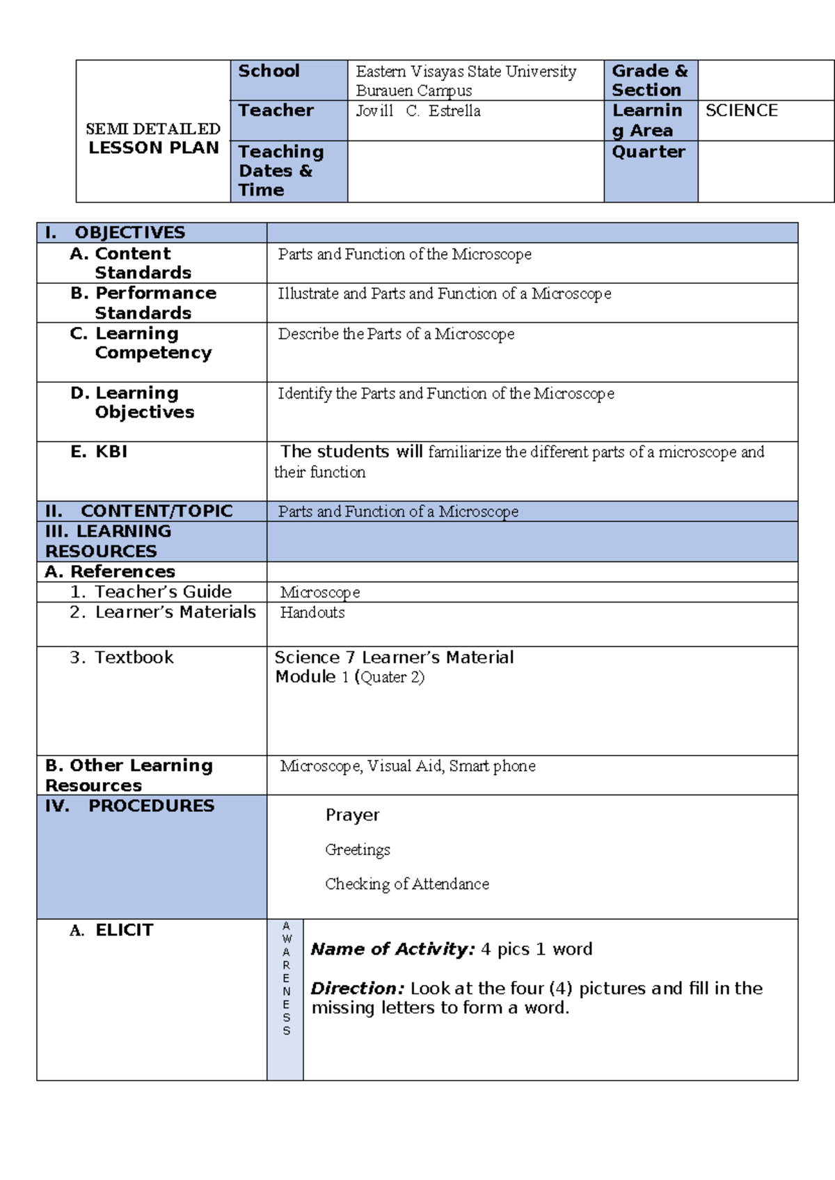 7ES-LP-IN- Science 2A - SEMI DETAILED LESSON PLAN School Eastern ...