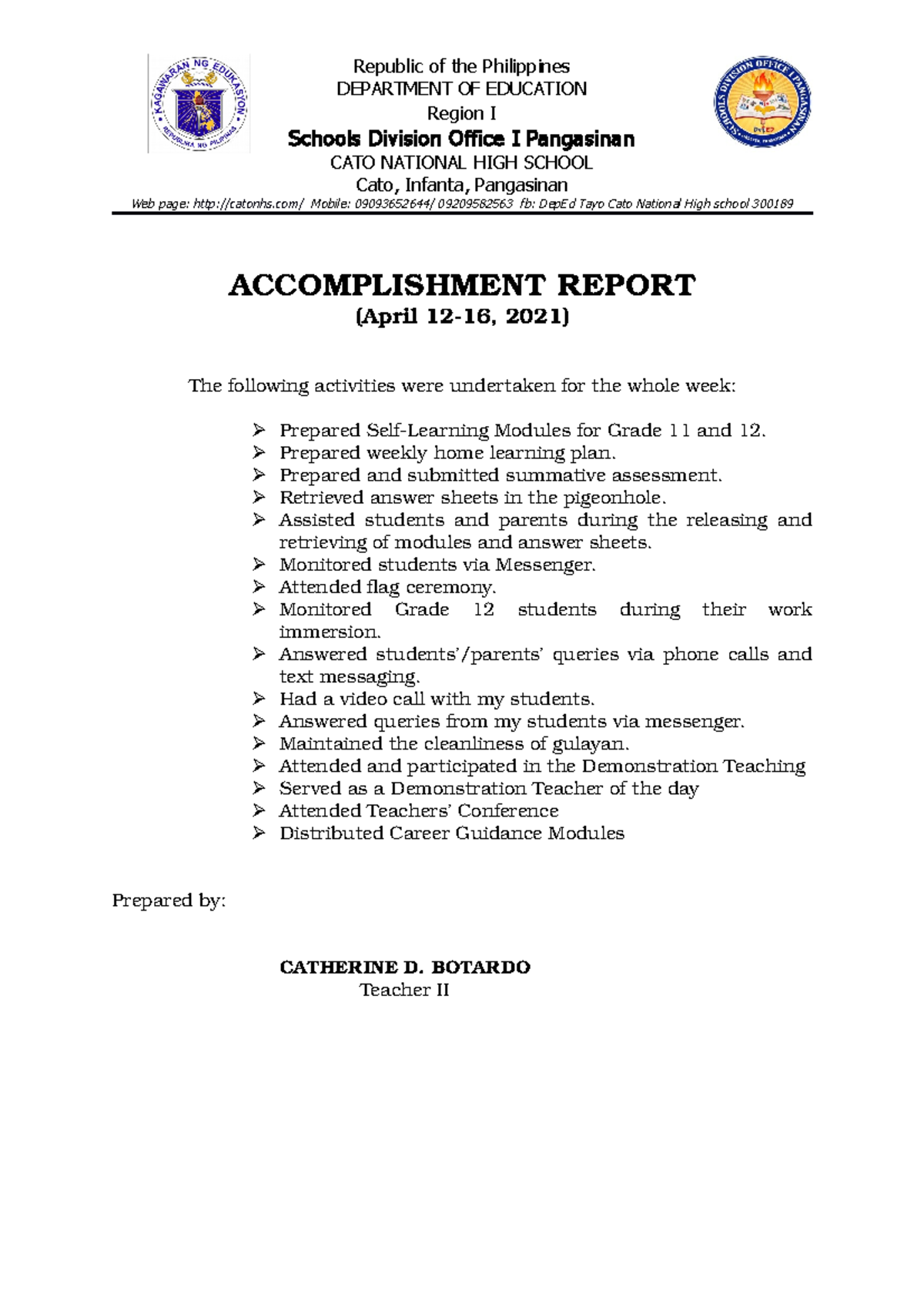 Example Of Remarks In Accomplishment Report