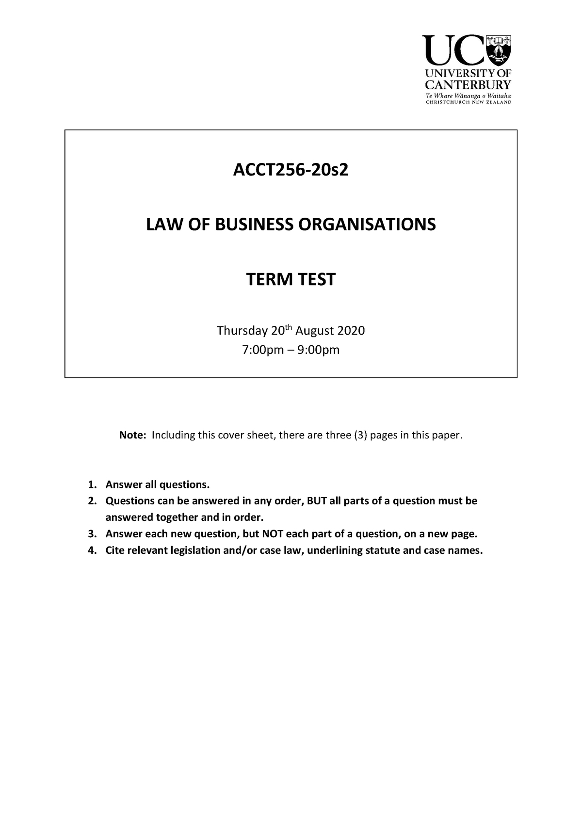 ACCT256-20s2 Term Test - ACCT256-20s LAW OF BUSINESS ORGANISATIONS TERM ...