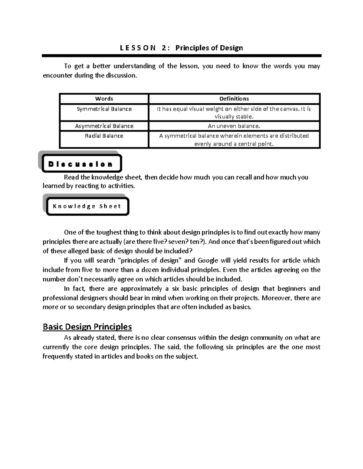 Lesson 2 Principles of Design L E S S O N 2 Principles of Design
