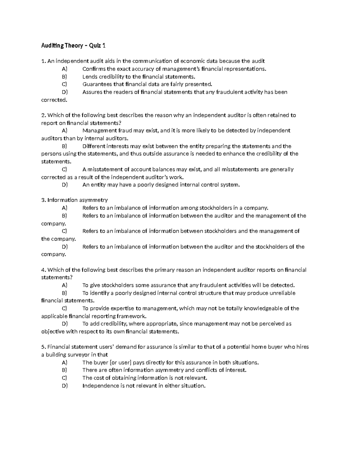 Quiz 1 - Practice Notes for Auditing - Auditing Theory – Quiz 1 An ...