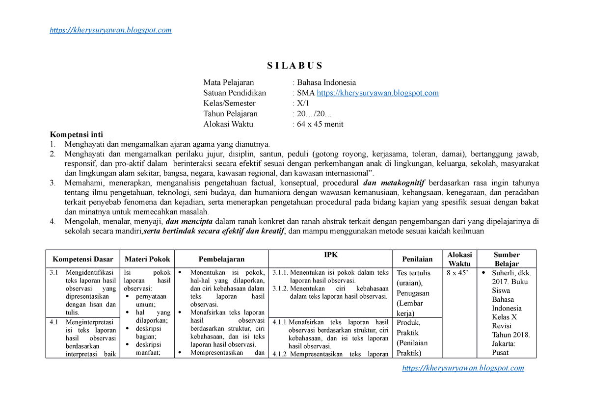 Silabus Bindo KLS X Smstr 1 - S I L A B U S Mata Pelajaran : Bahasa ...