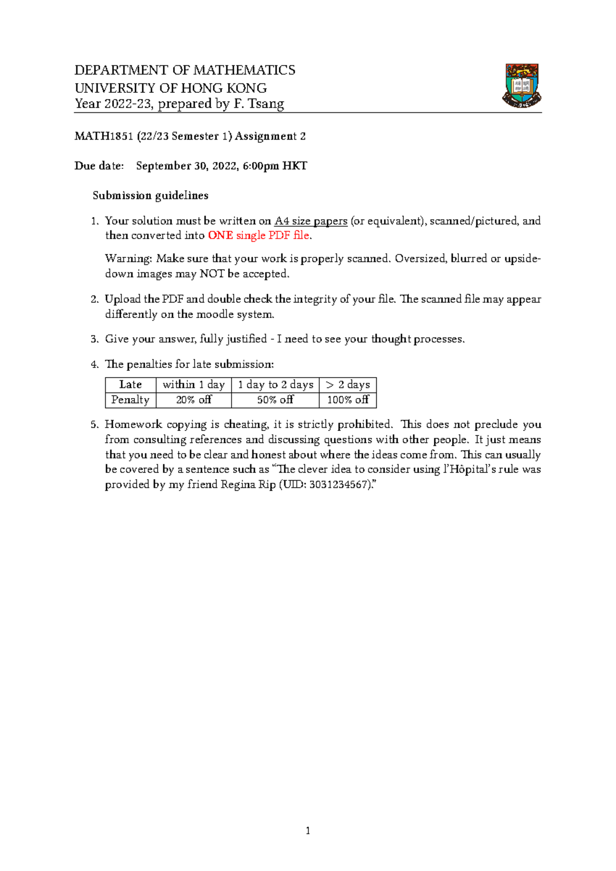 MATH1851(2022-2023) Ass2 - DEPARTMENT OF MATHEMATICS UNIVERSITY OF HONG ...