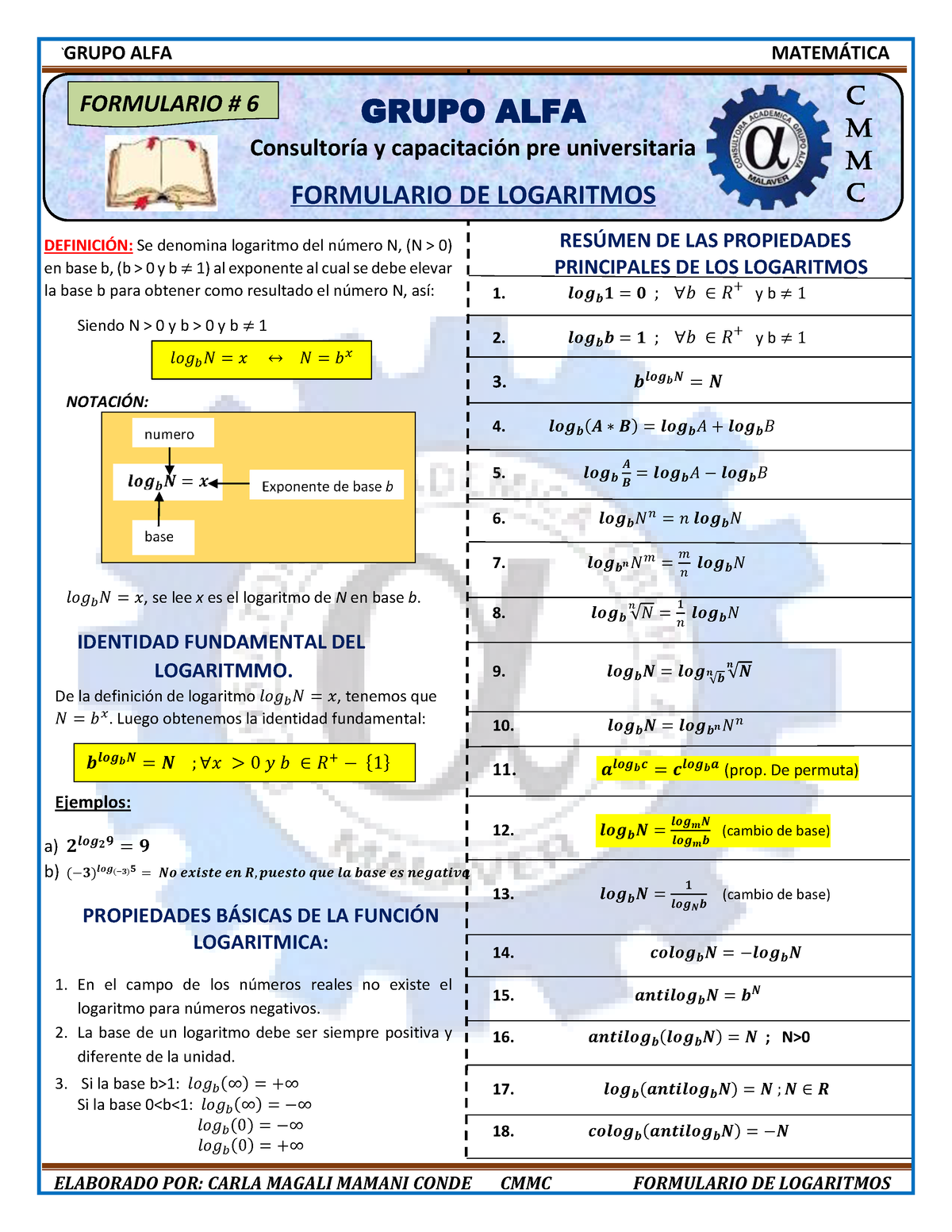 Formulario De Logaritmos - ` GRUPO ALFA MATEM¡TICA ELABORADO POR: CARLA ...