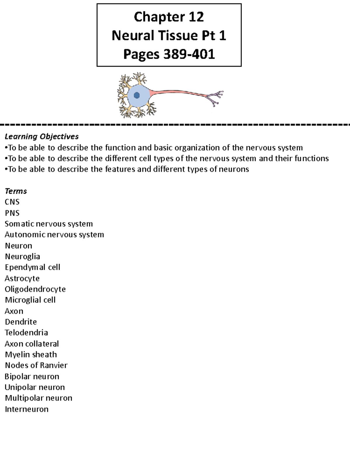 Chapter 12 Dr.Coleman Chapter 12 Neural Tissue Pt 1 Pages 389