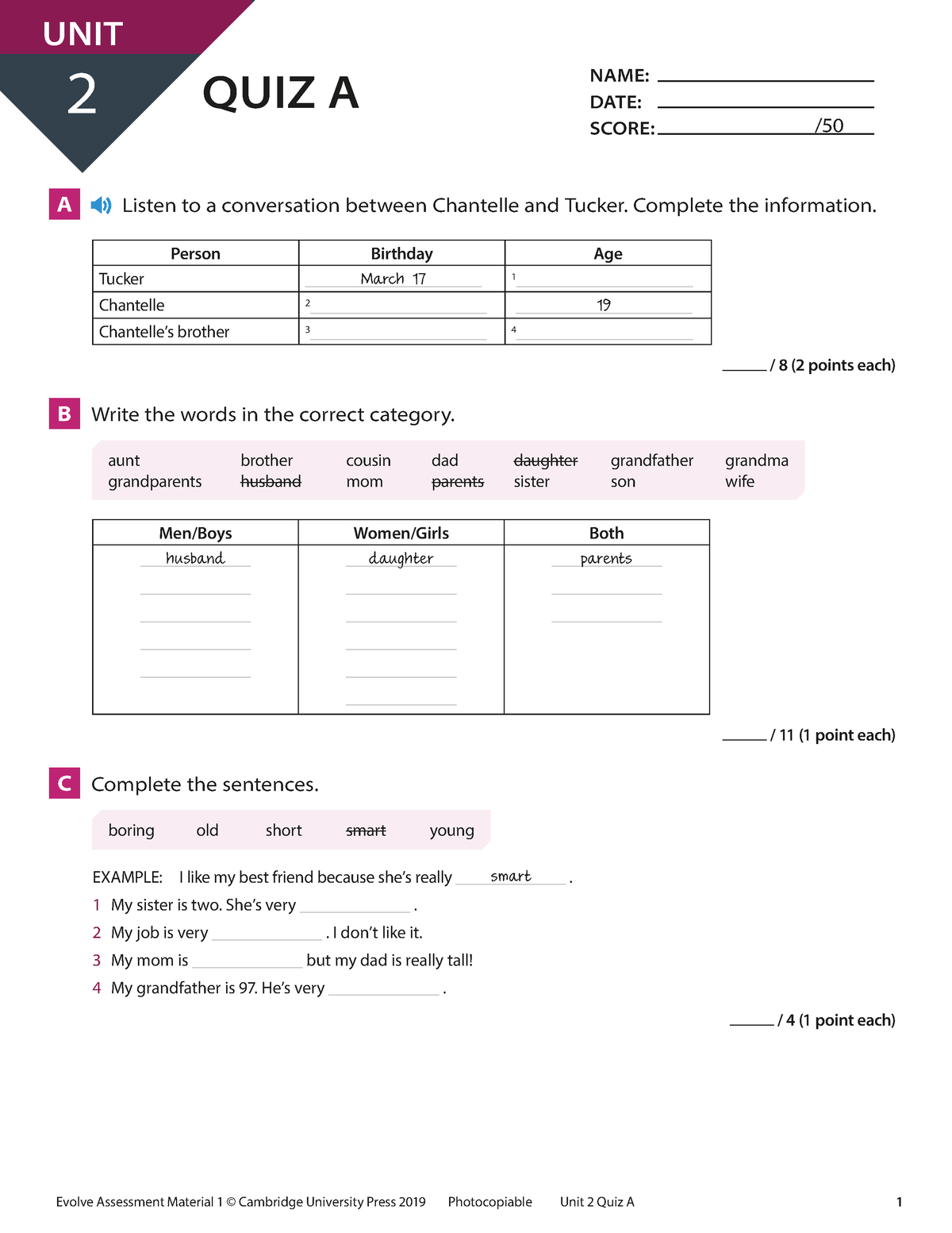 Evolve L1 Unit 2 Quiz A - Examen - Evolve Assessment Material 1 ...