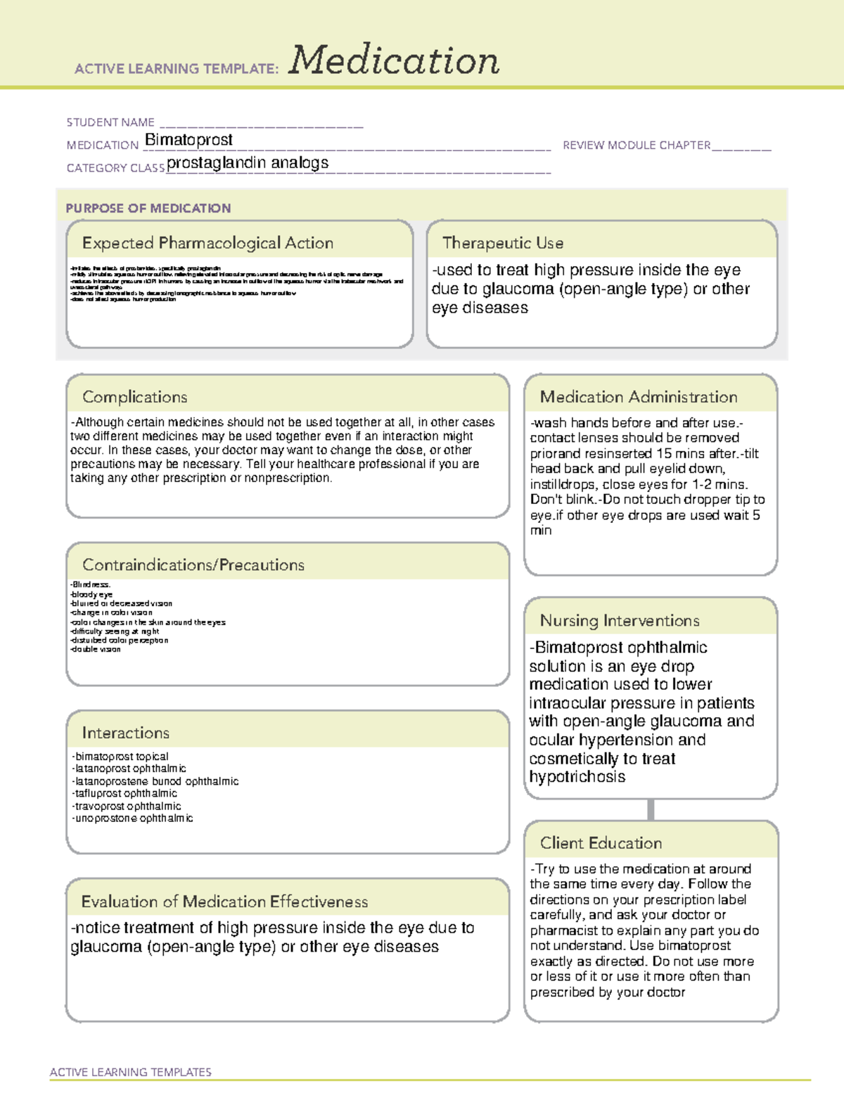 Bimatoprost Drug Card - ACTIVE LEARNING TEMPLATES Medication STUDENT ...