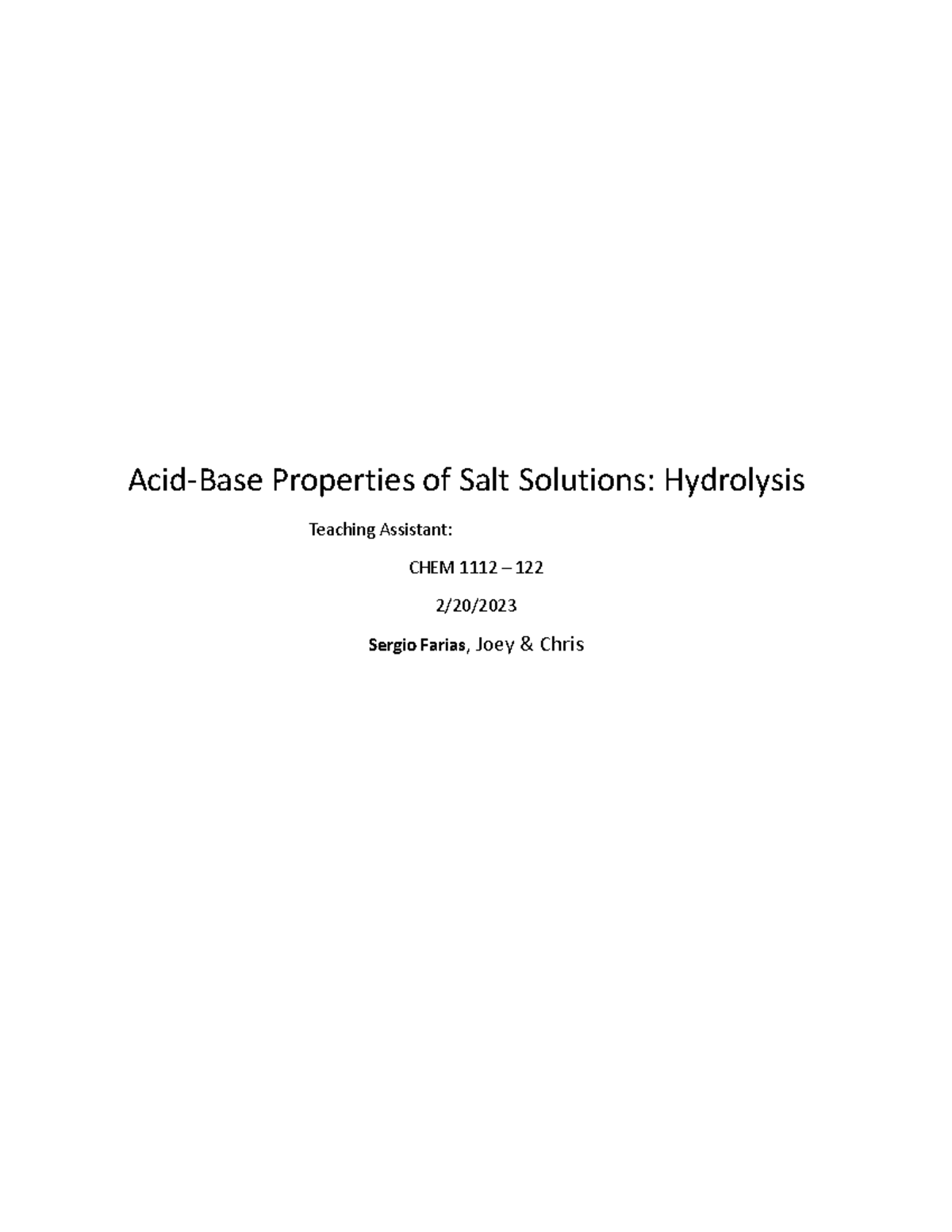 LAB acidbase properties AcidBase Properties of Salt Solutions