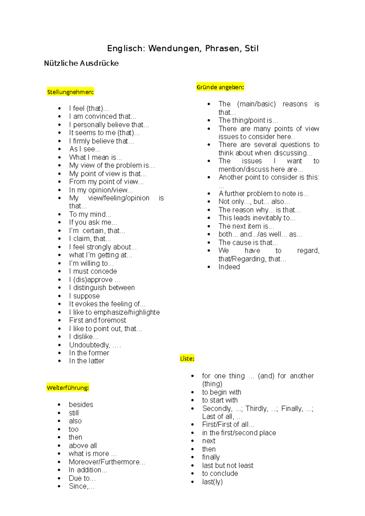 Englisch Wendungen Phrasen Und Vokabeln Für Einen Besseren Stil Abitur - Wendungen, Phrasen, Stil - Englisch: Wendungen, Phrasen, Stil