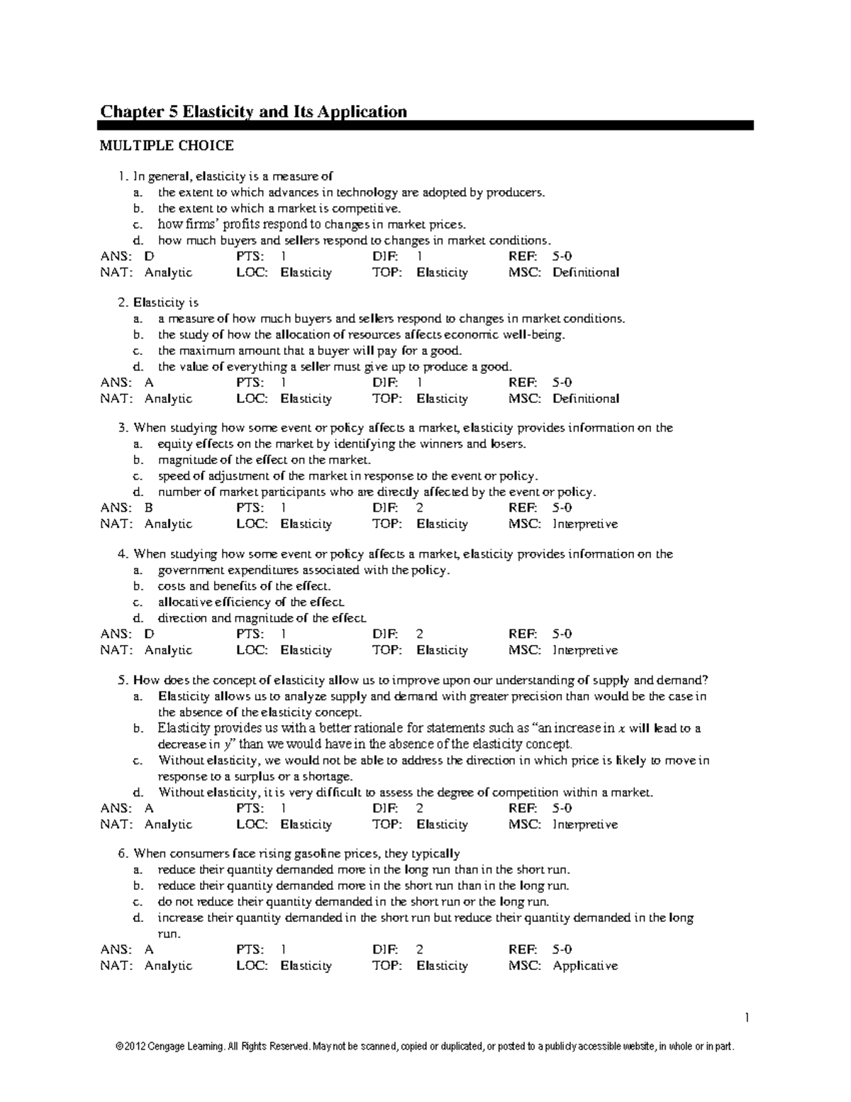 Chapter 05 Test Bank Final New - 1 Chapter 5 Elasticity And Its ...