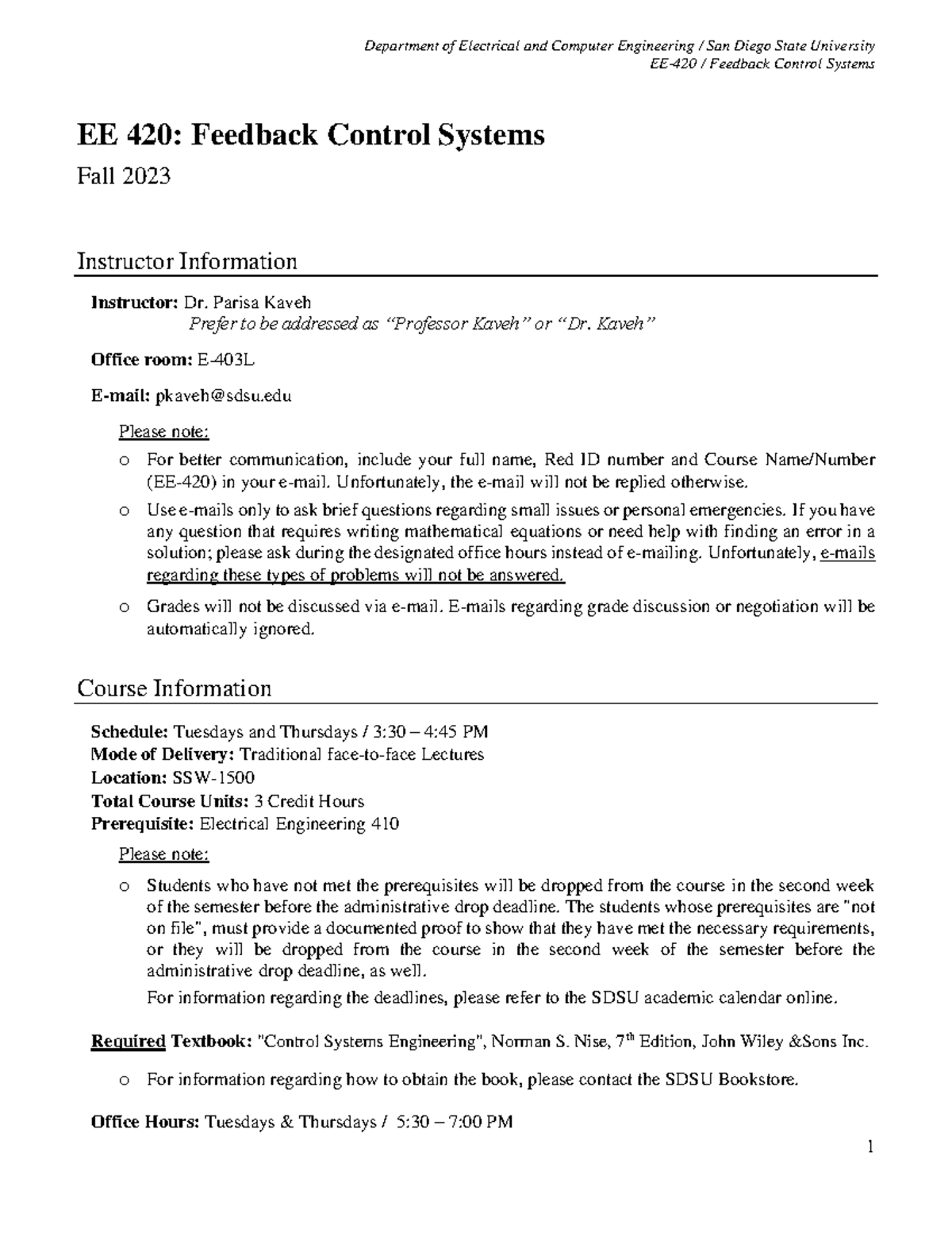 Syllabus aktuell - EE-420 / Feedback Control Systems EE 420: Feedback ...