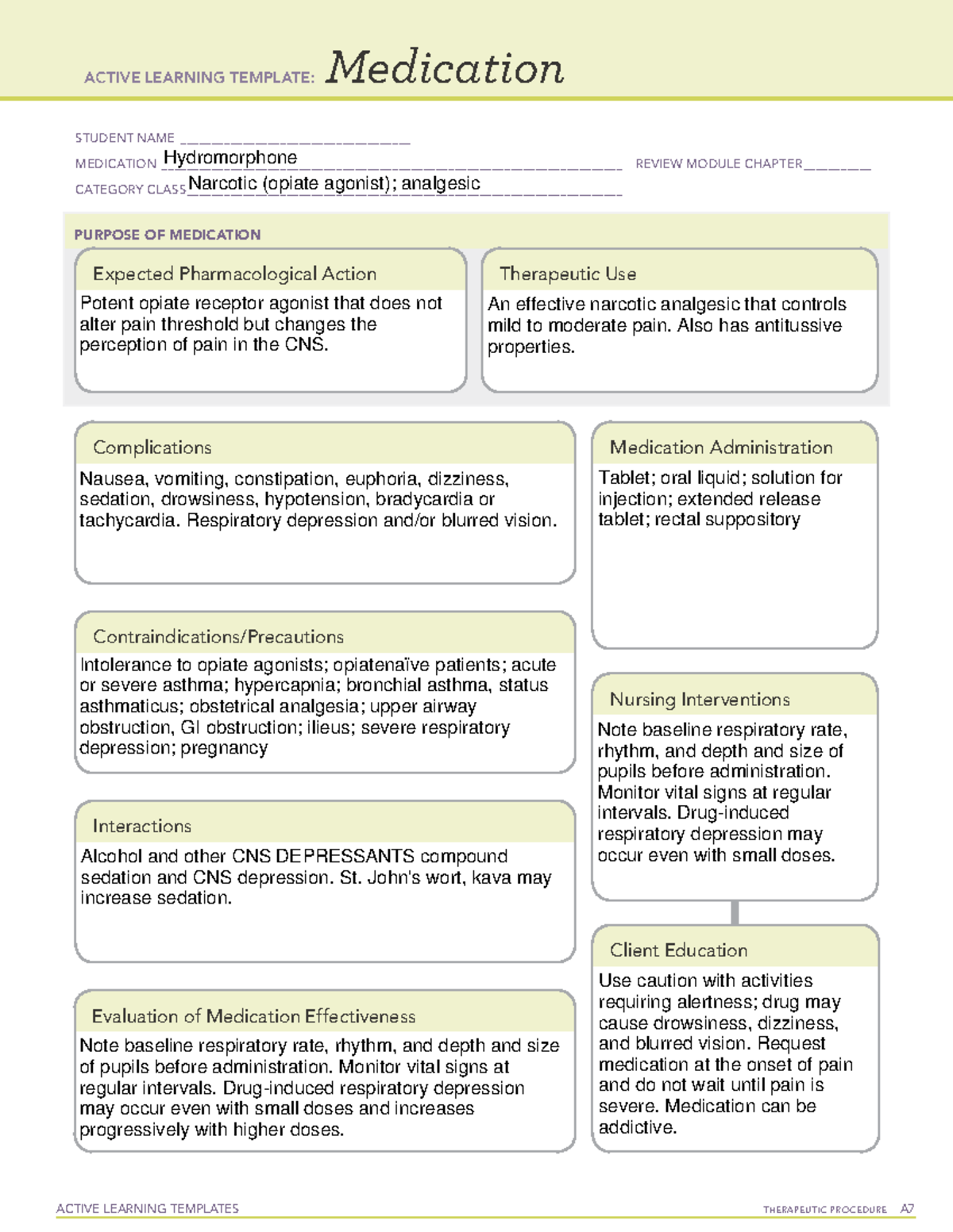 Hydromorphone ATI Med template - ACTIVE LEARNING TEMPLATES THERAPEUTIC ...