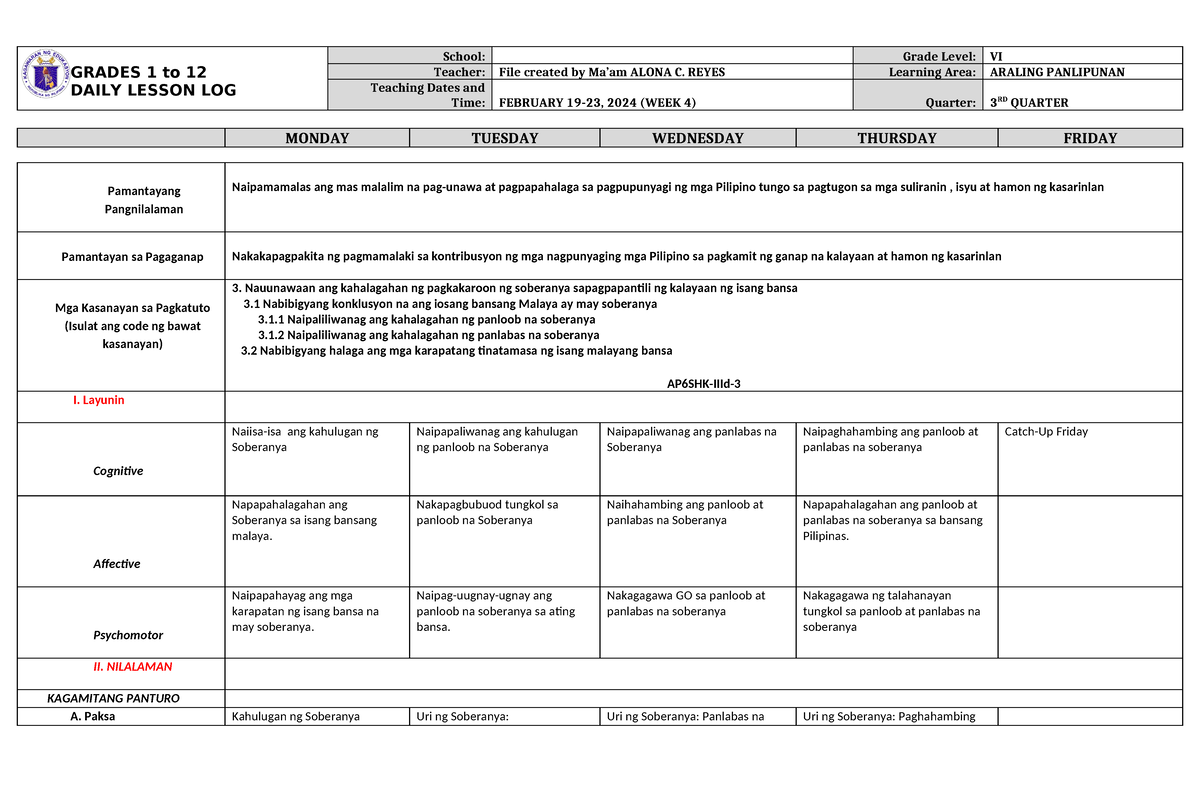 Dll Araling Panlipunan 6 Q3 W4 Grades 1 To 12 Daily Lesson Log School Grade Level Vi Teacher 3020