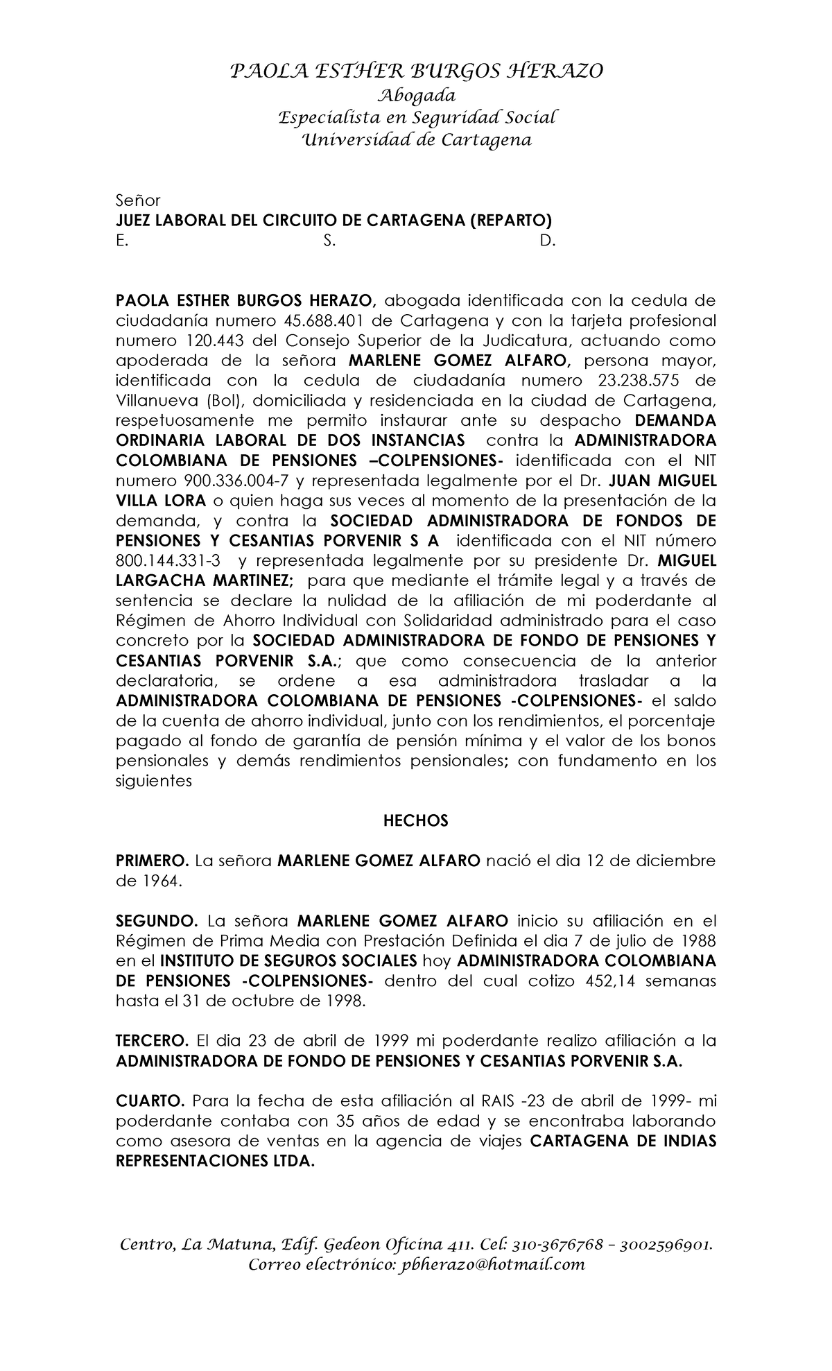 Demanda Ordinaria Laboral Nulidad De Traslado De Regimen Copia Abogada Especialista En 7182