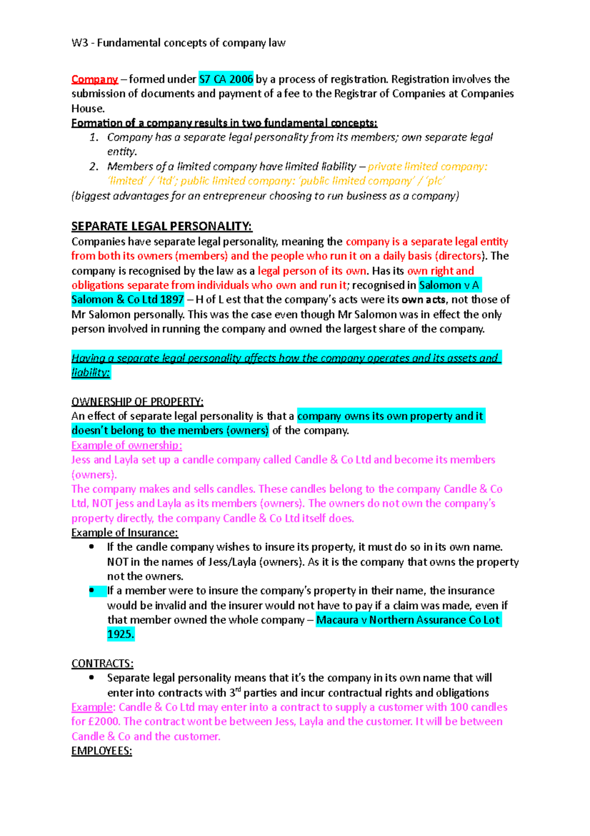 Key concepts of company law - Company – formed under S7 CA 2006 by a ...