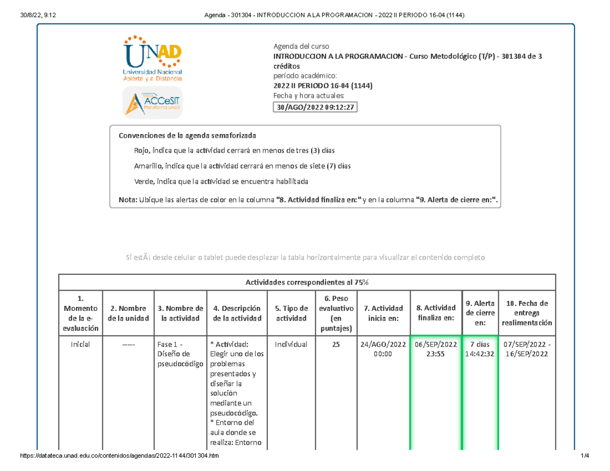 Agenda - 301304 - Introduccion A LA Programacion - 2022 II Periodo 16 ...