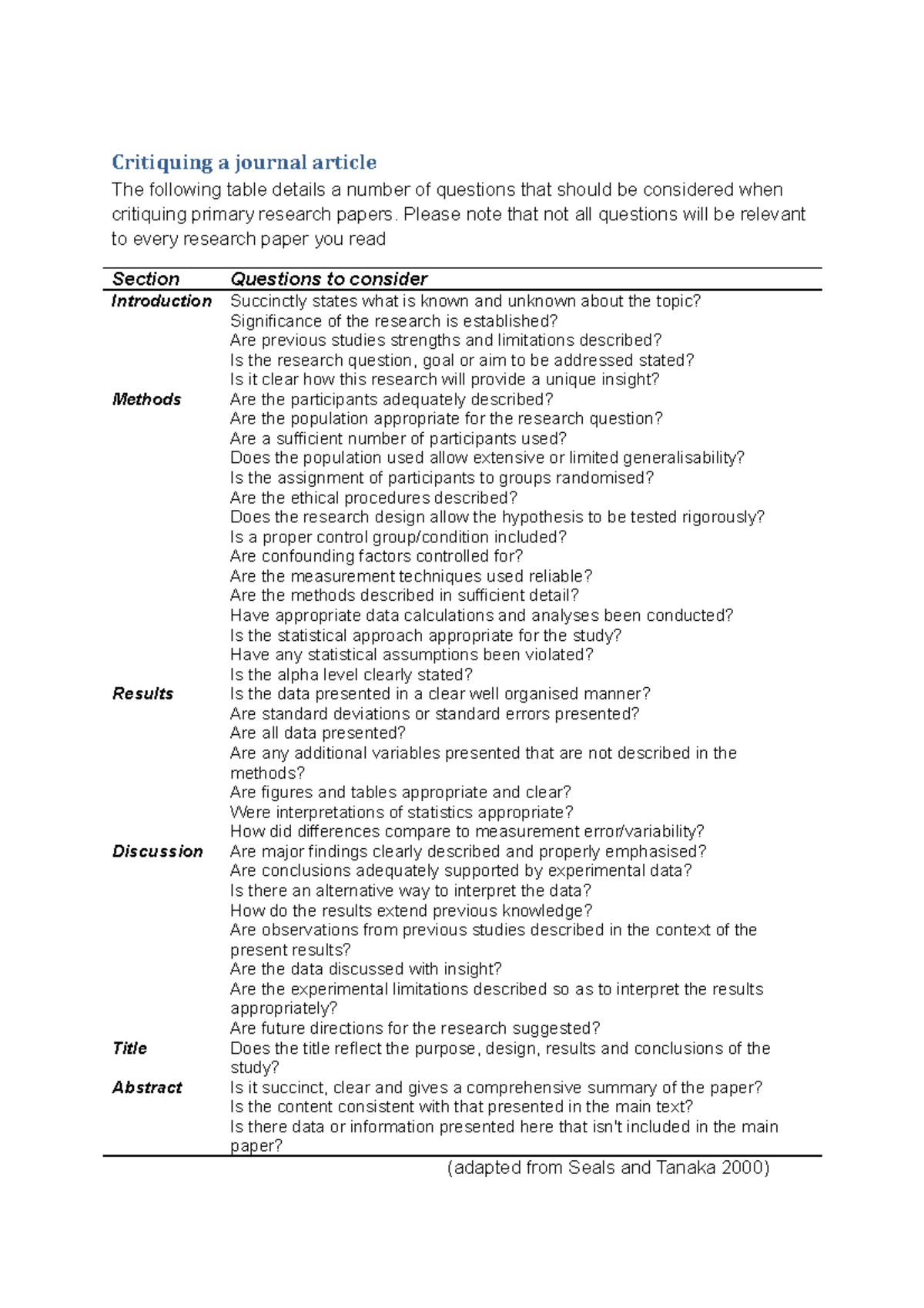 Criteria for Critiquing a journal article seminar 2 notes - Critiquing ...