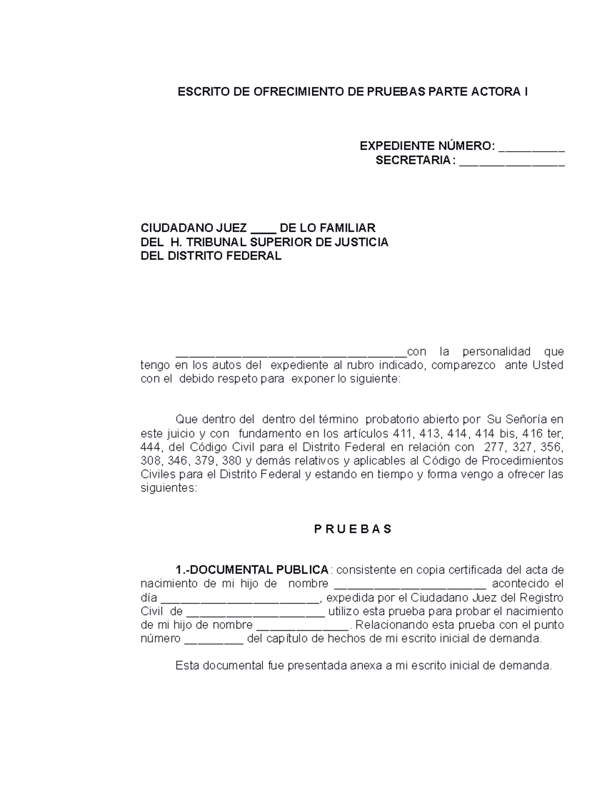 Escrito DE Ofrecimiento DE Pruebas Parte Actora I - ESCRITO DE ...