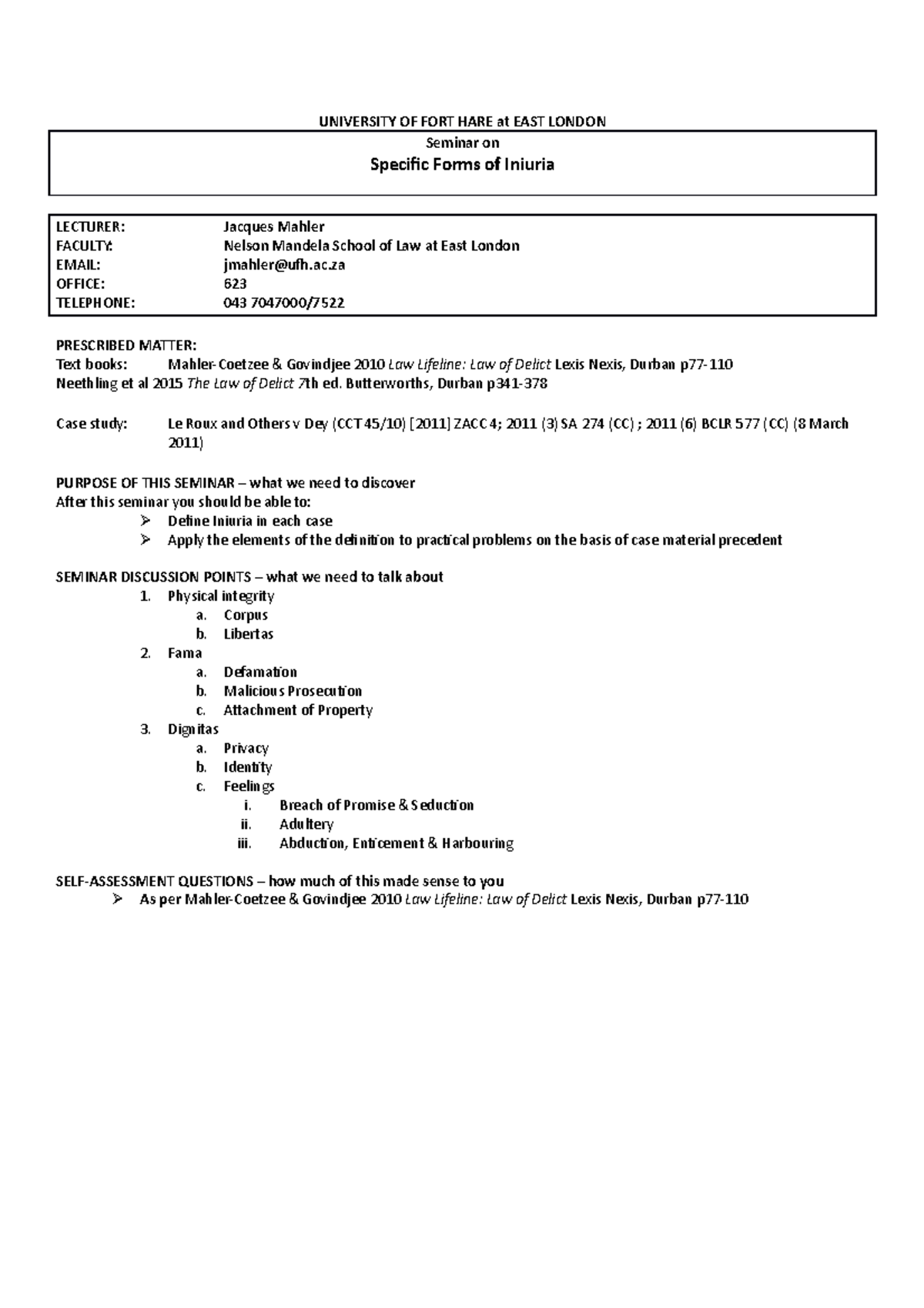 Delict B Seminar Sheet Special Forms Of Iniuria - UNIVERSITY OF FORT ...