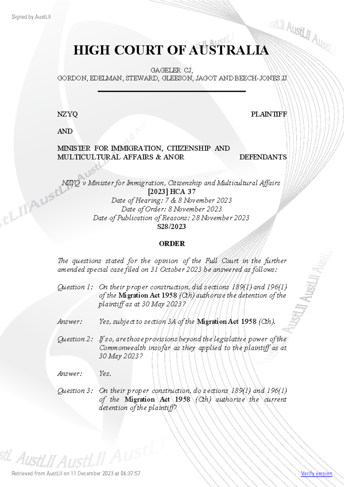 NZYQ HCA 2023 - HIGH COURT OF AUSTRALIA GAGELER CJ, GORDON, EDELMAN ...