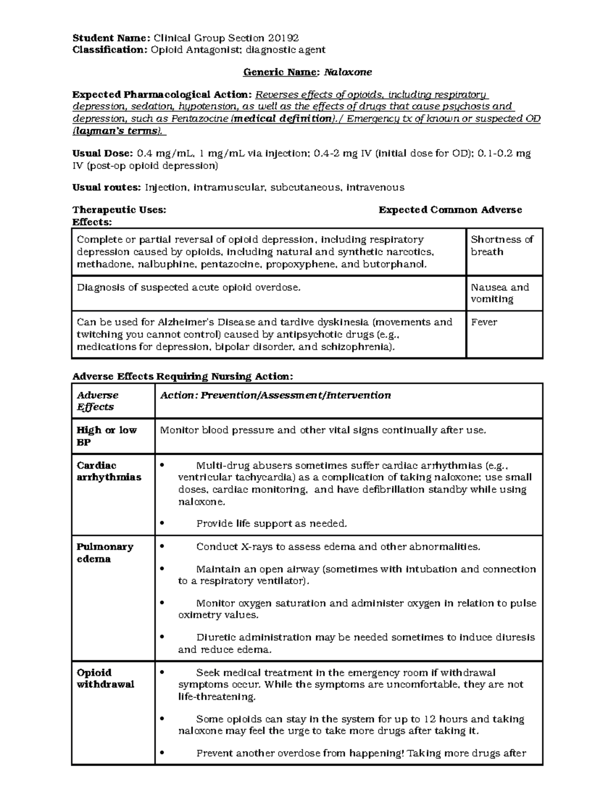 Naloxone - Student Name: Clinical Group Section 20192 Classification ...