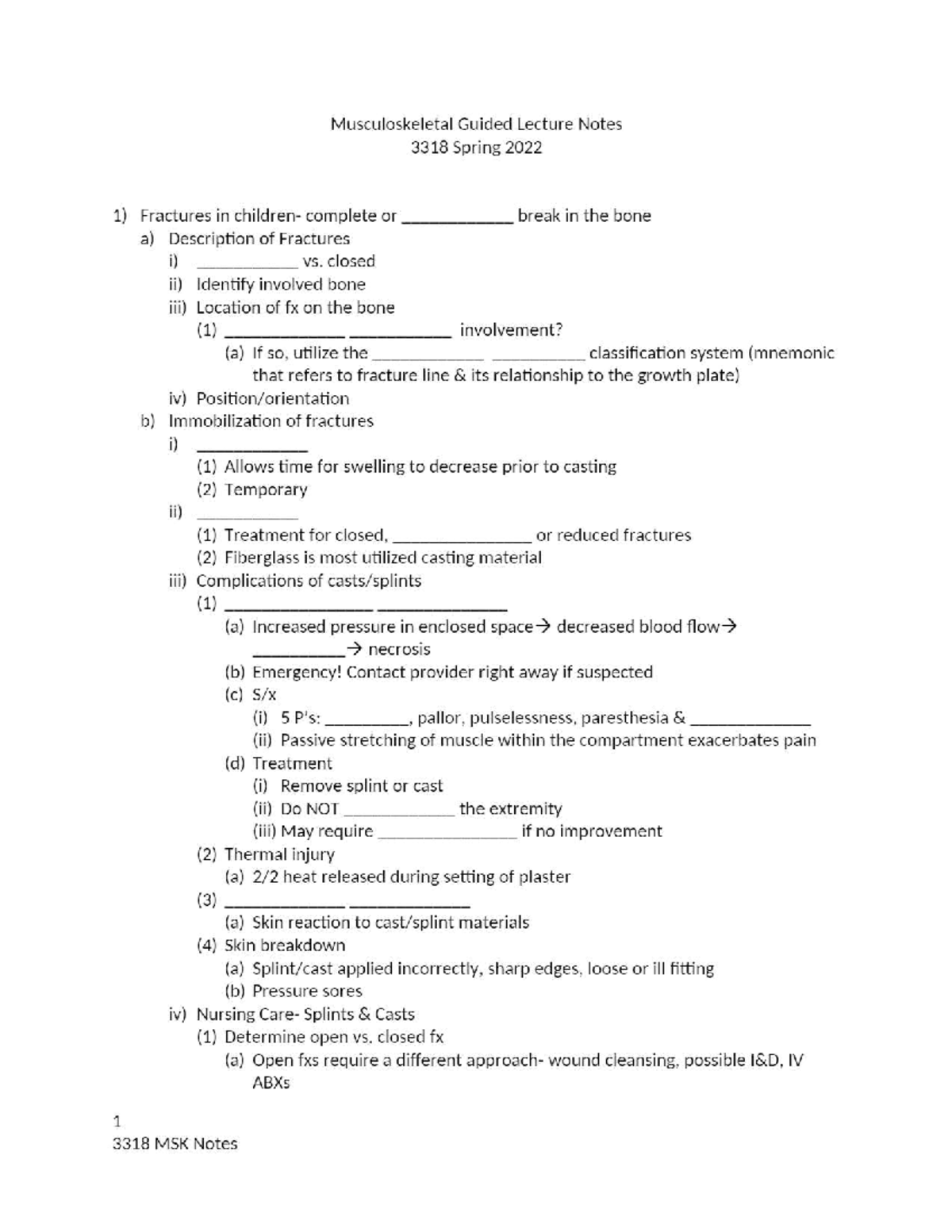 Muscoskeletal lecutre guided notes - Musculoskeletal Guided Lecture ...
