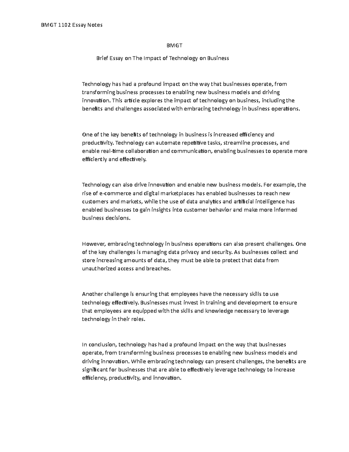 Brief Essay on The Impact of Technology on Business - BMGT 1102 Essay ...