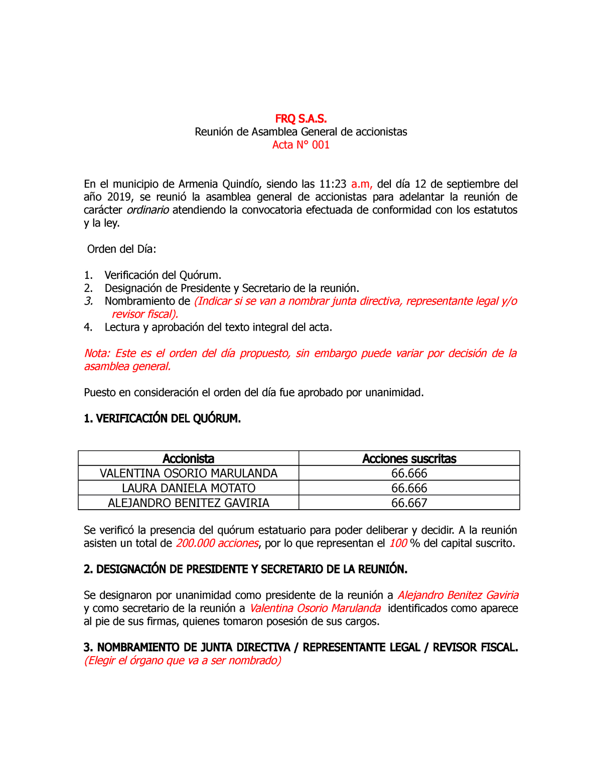Formato DE ACTA DE Nombramiento Y Asociacion - FRQ . Reunión de Asamblea  General de accionistas - Studocu
