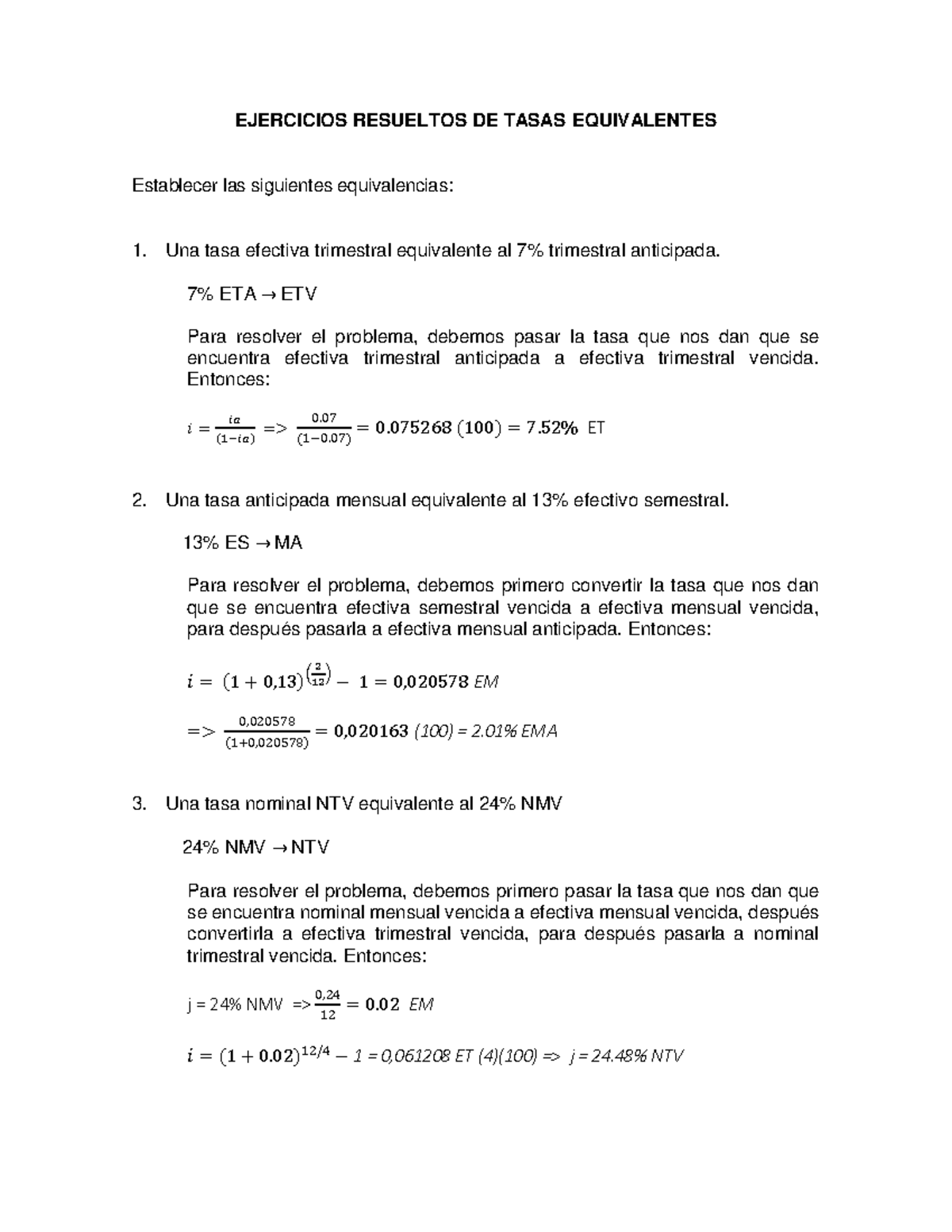 7 Ejercicios Resueltos Tasas Equivalentes Ejercicios Resueltos De Tasas Equivalentes 7994