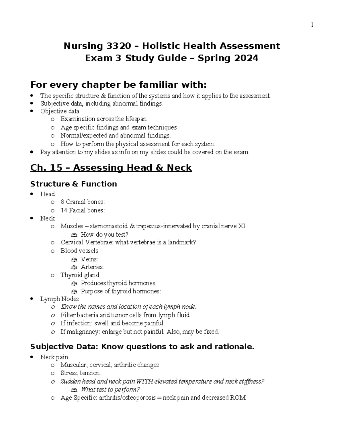 ASSESSMENTS EXAM 3 STUDY GUIDE - Nursing 3320 – Holistic Health ...